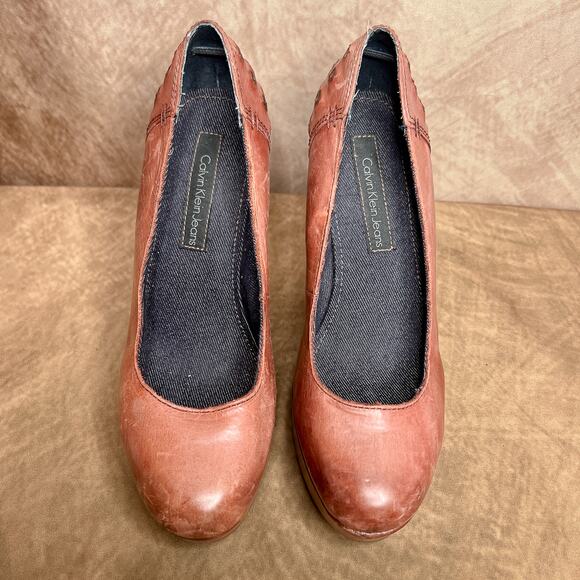 Calvin Jeans Hillary High Heel Platform Wedge Studded Heels Dusty Maroon McBling - Picture 8 of 11